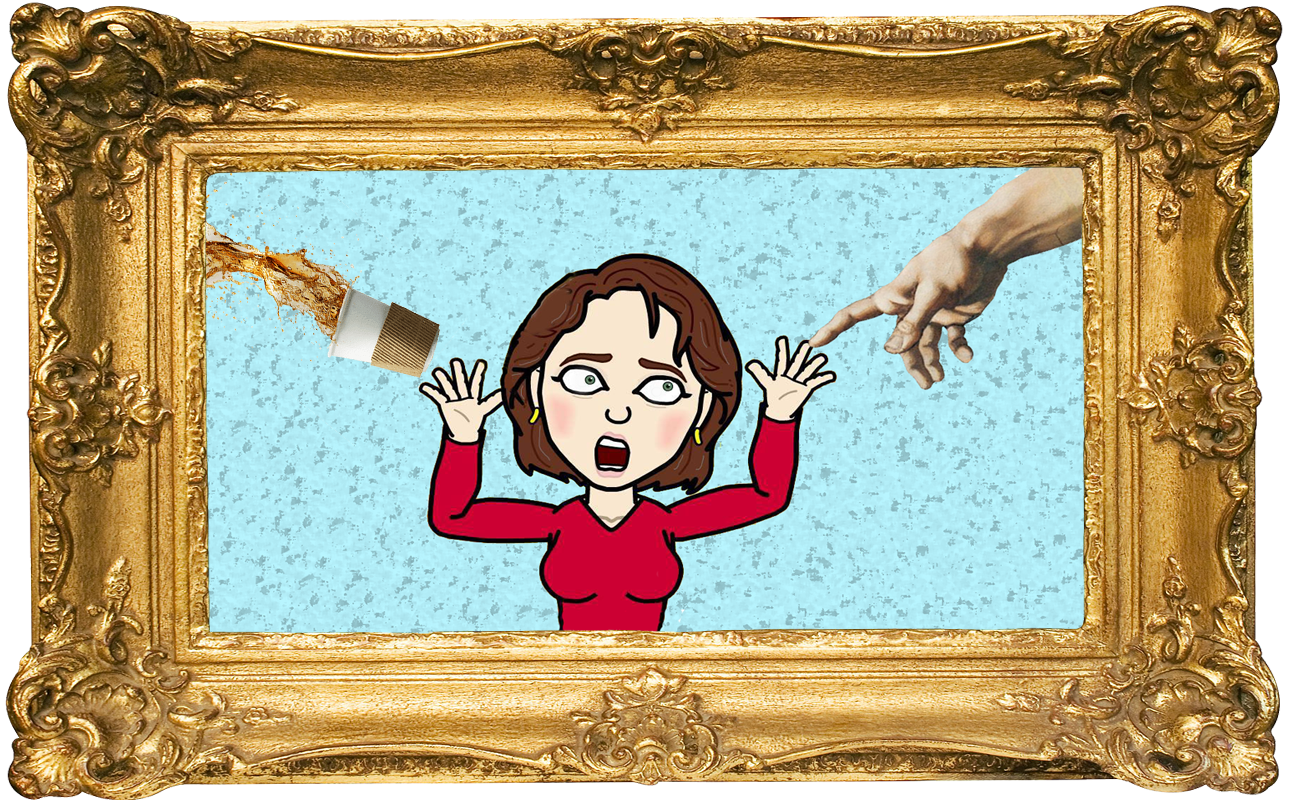 Cartoon Sandy looking so surprised to see a hand from heaven, she drops her coffee.