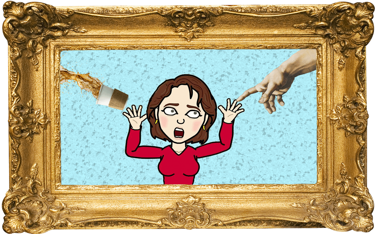 Cartoon Sandy looking so surprised to see a hand from heaven, she drops her coffee.