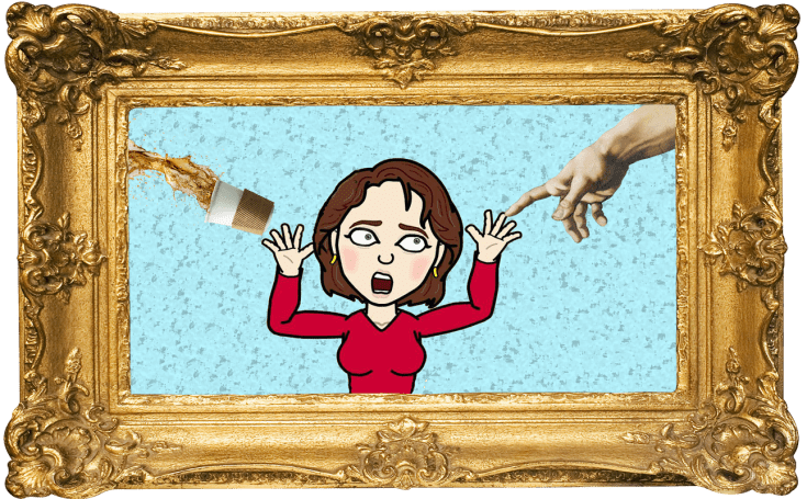 Cartoon Sandy looking so surprised to see a hand from heaven, she drops her coffee.