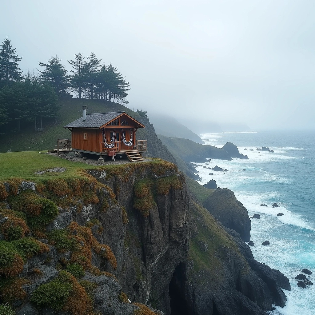 Tiny home located on the edge of a cliff overlooking the ocean